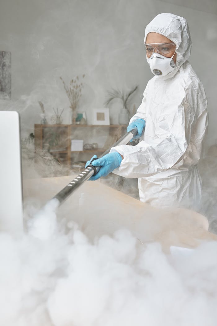 services-03 A woman in full protective gear disinfects a room using fumigation, ensuring cleanliness and safety.