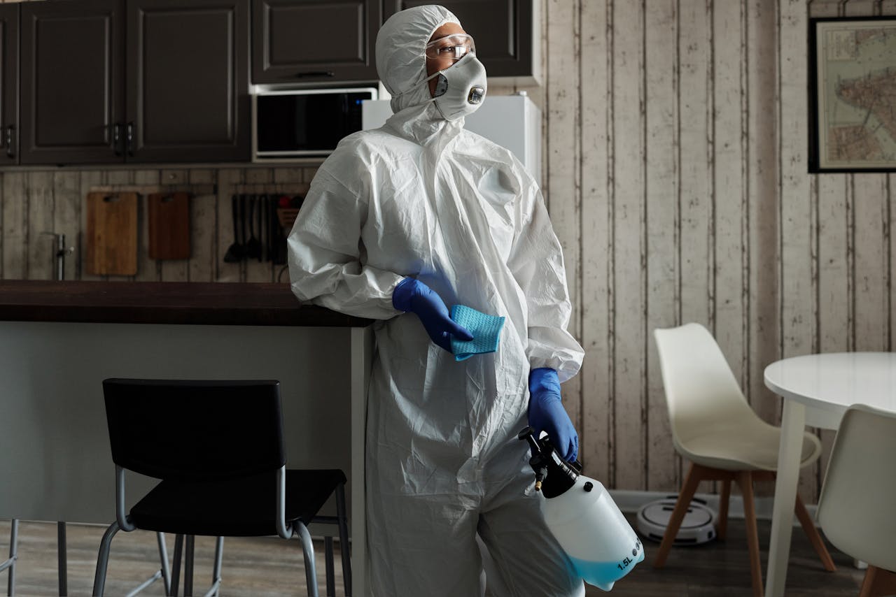 about-01 Cleaner in PPE suit using a sprayer for disinfection indoors. Focus on safety and hygiene.
